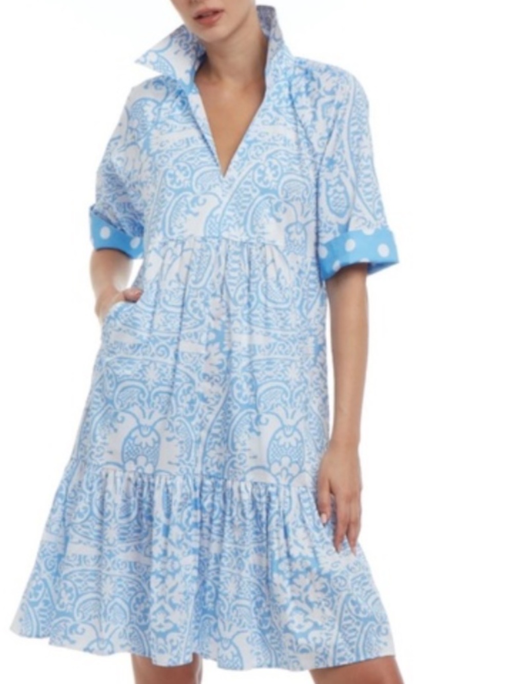 PATTY KIM Rebecca Blue and White Printed V-Neck Midi Dress